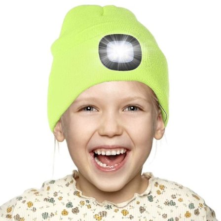 LED Mössa med Lampa för Barn, Uppladdningsbar 4 LED Pannlampsmössa, Stickad Vintermössa med Ficklampa för Cykling Löpning Gul