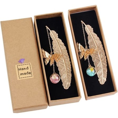 2 stk. Bogmærker, Guld Metal Fjer Bogmærker med 3D Sommerfugl og