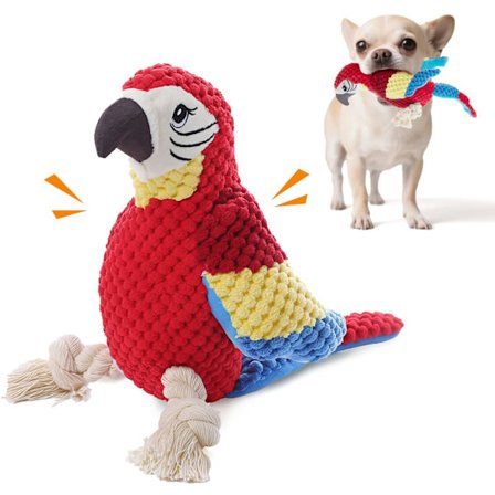 Pibende hundelegetøj, Papegøje interaktivt hundelegetøj mod kedsomhed, Hvalpelegetøj med pivelyd & krøllehale & reb fødder, Fuglehundelegetøj