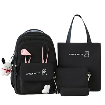 Rygsæk Skoletaske 4-dele, Rygsæk til Skole Piger, Kaninører, Sød rygsæk med flere rum, Stort Rum, til teenagepiger & udskolingen
