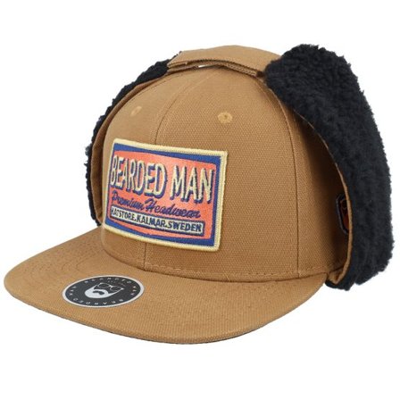 Bearded Man - Brun earflap Keps - Logo Patch Red/Blue Canvas Caramel/Black Earflap @ Hatstore