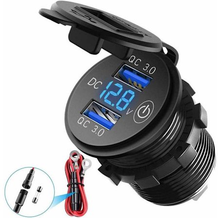 Motorsykkel Dual USB Billader/QC3.0 Vanntett, 12V/24V/36W USB Lader Socket, med LED Digital Voltmeter og Bryter, for Biler, ATV, Buss(Blå)