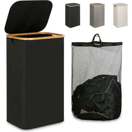Laundry Basket with Lid - 100L Large Collapsible Laundry Hamper with Bamboo Handles & Inner Bag