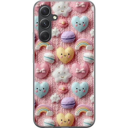 Yhteensopiva Puhelinkuori Samsung Galaxy A55 Pastellimotiiivi sydämillä, pilvillä, sateenkaarilla ja makaronseilla vaaleanpunaisella taustalla suloise
