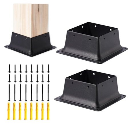 [QD] 2 stk. Stolpebeslag til Hegn Sort Pulverlakeret Dækstolpefod Passer til 4"x4" Standard Træstolpe Beslag til Dæk Veranda Gelænder Rækværk Støtte
