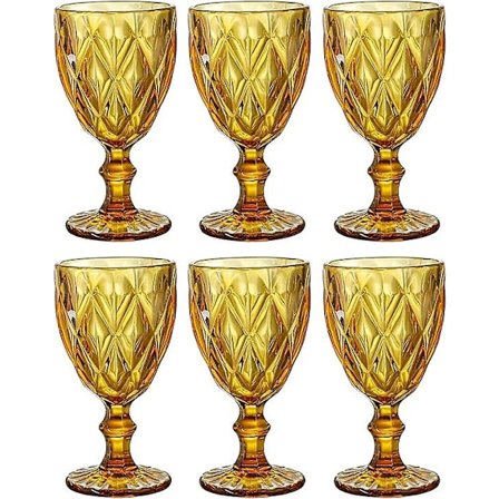 Farvede Vinglas, Glas Goblets, Vintage Mønster Præget, Farvet Glas Drikkeglas Sæt, Sæt af 6, Ravfarvet