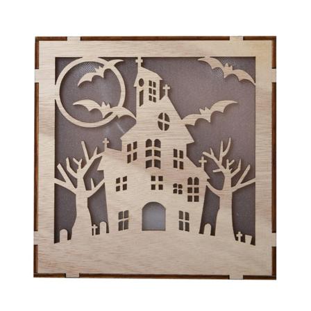 Wooden Hollow Pumpkin Haunted House Halloween-dekorasjon med LED-lyspynt Festrekvisita
