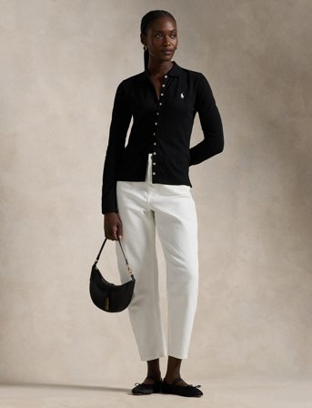 Polo Ralph Lauren Buttoned-Placket Long-Sleeve Polo Shirt - Black - S