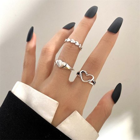 Punk Vintage Silver Färg Hollow Out Heart Ring Bred Kedja Knog Ringar Set För Kvinnor Män Geometriska Twisted Finger Ring Smycken