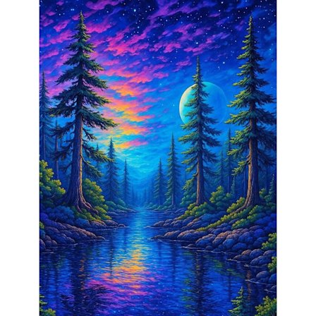 Naturskov Diamantmaleri Sæt, 5D Fuld Drill Himmel Landskab DIY Kunst, Månebelyst Flod Fyrretræ Scene til Natur Vægdekoration