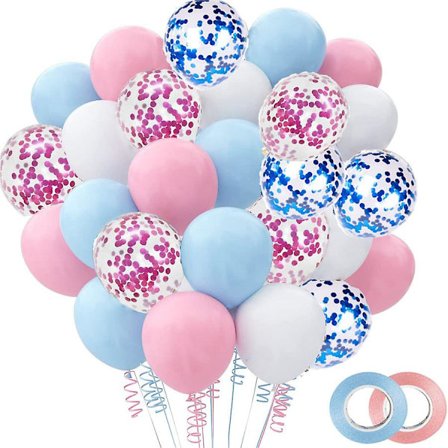 60-pack 12 tum Rosa och Blå Konfetti Latex Partyballonger Båge Kit, med 10 meter Band för Baby Shower Bröllop Födelsedagsfest Dekorationer