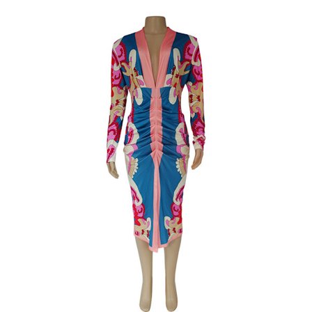 Temperament Kjole, Trykt Dyb V-hals Slim Kjole (Blå L)