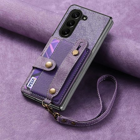 For Z Fold 6 Etui, Lær Lommebok Etui For Samsung Galaxy Z Fold 6 Med Kortlomme & Håndleddsrem, Støtsikker Beskyttende Deksel