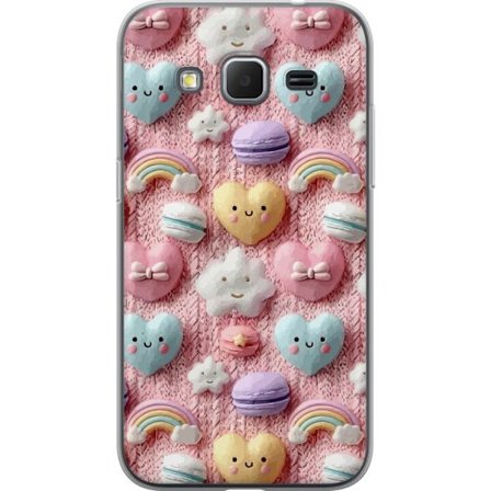 Yhteensopiva Puhelinkuori Samsung Galaxy Core Prime Pastellimotiiivi sydämillä, pilvillä, sateenkaarilla ja makaronseilla vaaleanpunaisella taustalla