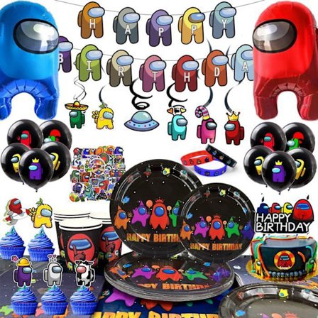 Födelsedagsfestmaterial från Among Us, bordsartiklar för födelsedagsfester, tallrikar, bordsdekorationer, ballonger