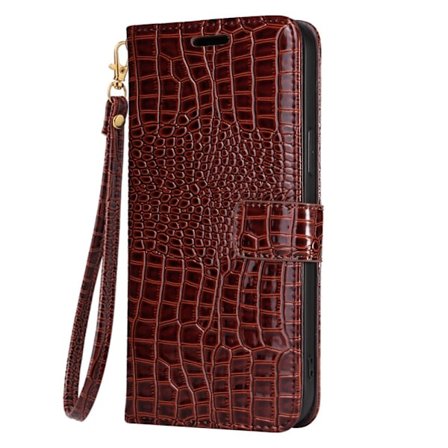 Kotelo iPhone 15 6.1 tummanruskealle krokotiilikuvioiselle lompakolle ve-nahka
