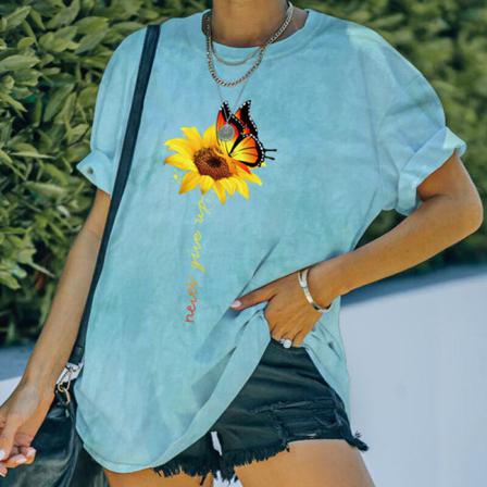 Dam Sunflower Butterfly Print Tunika Blus Crew Neck Tee
