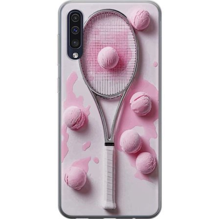 Kompatibelt Mobilskal till Samsung Samsung Galaxy A50 Rosa glasskulor och tennisrack i en kreativ stillbild med lekfull popkänsla och modern design s