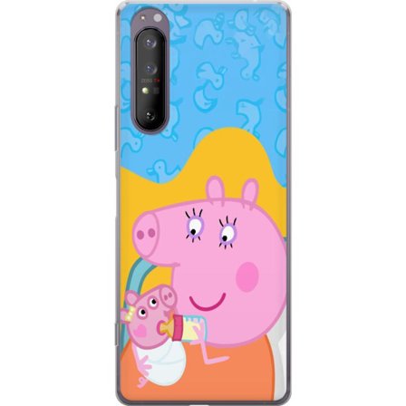 Yhteensopiva Puhelinkuori Sony Xperia 1 II Peppa Possu perhemotiivi äidin possu, isän possu ja ystävien kanssa, värikäs piirretty lasten kuva