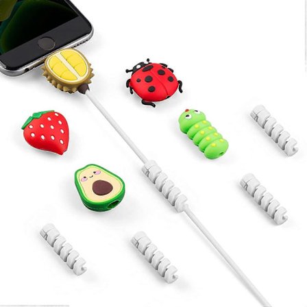 Söt Djurbett Kabelskydd för iPhone iPad Laddare, 10-pack USB Kabelskydd, Laddningskabelskydd, Kabelbitare, Frukt USB Laddare Sparare