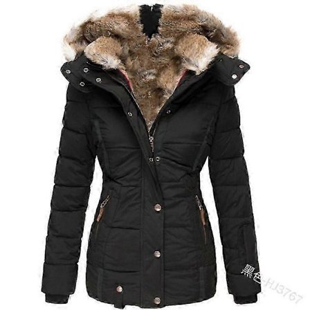 Varm vinterjakke for kvinner med pelskrage, glidelås, smal passform, lange ermer og hette