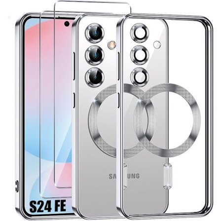 Coque för Samsung Galaxy S24 FE - med magnetisk cirkel - silver + 2 härdade glas - BOOLING