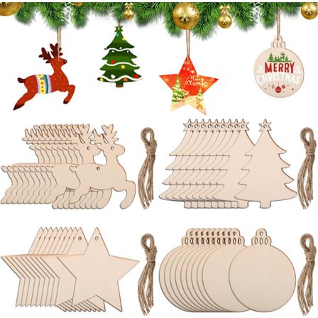Juletrepynt i tre, 40 stykker, med jutesnor, juletre dekorasjon, tre, juletrepynt, for DIY-pynt