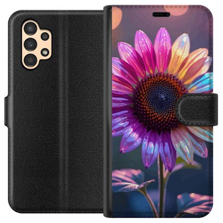 Kompatibelt Lommeboketui til Samsung Galaxy A13 Irideserende blomst med glitrende kronblad i rosa lilla og gull mot myk bokeh bakgrunn