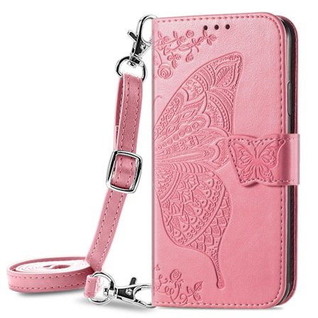 Fodral för iPhone 16 Plus Rosa Crossbody midja lång Rem Plånbok med Korthållare läder