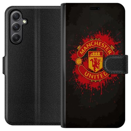 Kompatibelt Lommeboketui til Samsung Samsung Galaxy A24 4G Manchester United logo i rød og gul farge med røff sportslig bakgrunn
