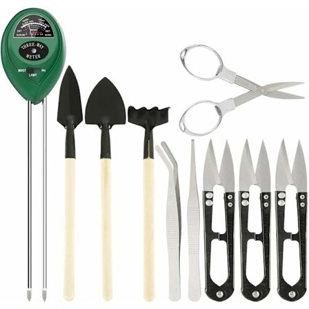 10 st. Jordtest 3 i 1 Ph Våt Ljus Illuminans med Spade Rake Sax Pinsett Trädgårdsverktyg Set med Jordmätning Ingen batteri krävs
