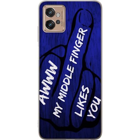 Kompatibelt Mobildeksel til Motorola Moto G32 Mørk typografisk illustrasjon med hjerteform og budskap om vennskap mot dyp blå tretekstur