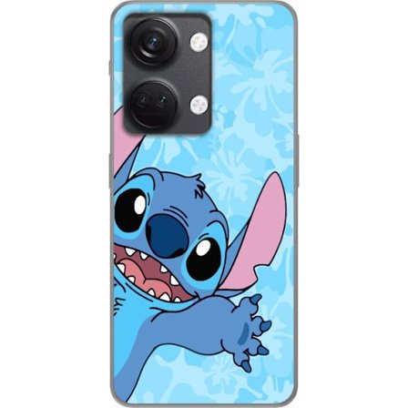 Kompatibelt Mobildeksel til OnePlus Nord 3 Leken illustrasjon av Stitch som strekker seg mot kameraet på lyseblå blomstret bakgrunn