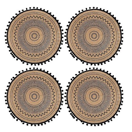 Rund Bordstablett 38 cm, 4 st Fransiga Bordsunderlägg med Pom Pom-tofsar för Matsal Köksbordsdekor