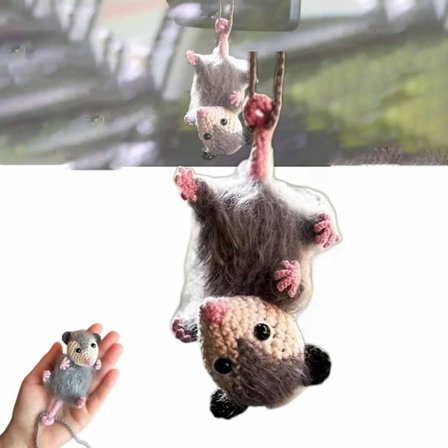 Opossum-bilpynt, opossum-biloppheng, søt opossum-bildekorasjon, tilbehør til bakspeil, håndlagde strikkede opossum-heklegaver til bil