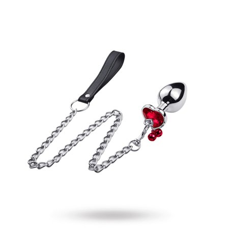 METAL PLUG HEART WITH RED GEMSTONE AND LEASH - Vuxen.se - Buttplug, stora & små butt plugg