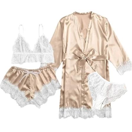 Sommer-hotsell for kvinner, pysjamassett med blonder, fire deler, stroppsett, avslappet og komfortabel pysjamas, gull Golden XL