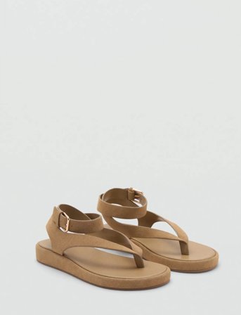 Mango Split Leather Sandals With Buckle - Beige - 39
