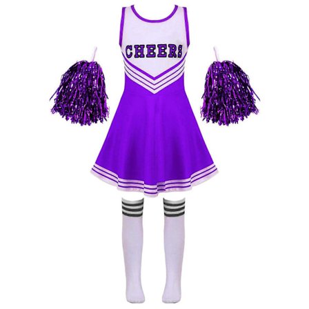 Flickor Cheerleading Uniform Dansekostume Børn Cheerleader Outfit Rund Halsudskæring Patchwork Stil Dansekjole Blomst og Strømper purpl