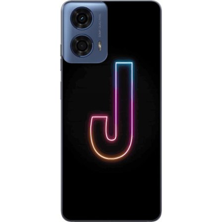 Kompatibel Mobilcover til Motorola Motorola Moto G04 Minimalistisk neonbogstav J i farveskiftende lys mod sort baggrund