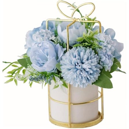 Kunstige Blomster Falske Pion Silke Hortensia Blomst med Vase Blomster Dekoration Arrangementer til Bryllup Dekoration Bord Midtpunkter (Blå med Vas