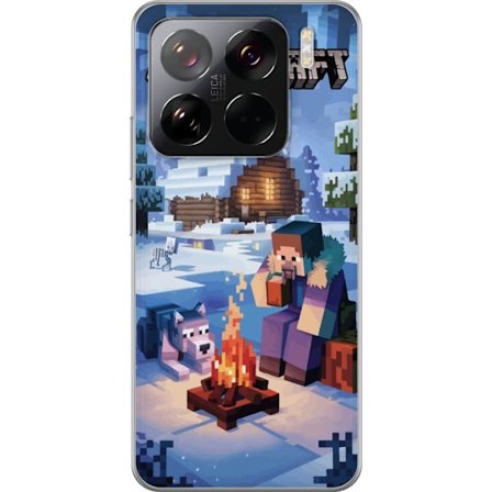 Kompatibelt Mobilskal till Xiaomi Xiaomi 15 Pro Minecraft vintermotiv med Steve, varg, lägereld och snöig stuga spelinspirerad illustration perfekt