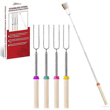 4-pack Marshmallow Toasting Forks Kit - Utdragbara U-formade rostgafflar i rostfritt stål för grillning över öppen BBQ - Infällbar eldstadsutrustning 