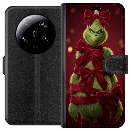 Yhteensopiva Lompakkokotelo Xiaomi Xiaomi 13 Ultra Grinchi-hahmo koristeltu punaisilla samettinauhoilla juhlavassa studiossa, leikkisällä ja humoris