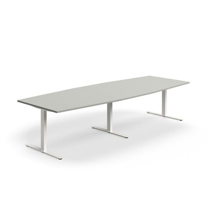 Konferenztisch QBUS, Bootsform, 3200x1200 mm, T-Gestell, weiß/hellgrau