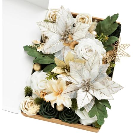 Chrismas konstgjorda blommor och grönska Combo Box Set, Guld Vit Grön Fake