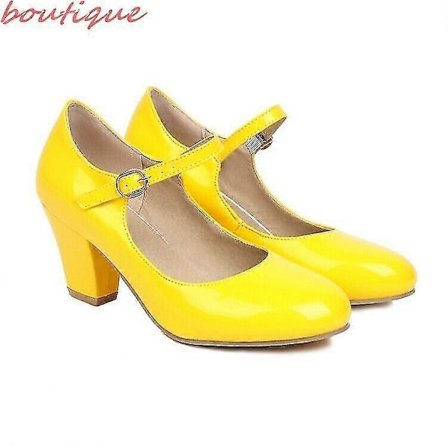 Mary Jane-sko i lakkskinn for kvinner - Rund tå, blokkhæl, ankelstropp pumps