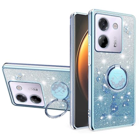 KADEM Skal för Xiaomi Poco M7 Pro 5G Fodral Ring Ställ TPU Blommor Telefonskal Gradient Glitter Blå