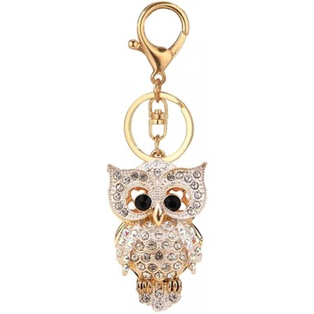 Fashion Rhinestones Owl Keychain, Gold Sparkling Alloy Keyring Pendant, White