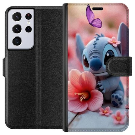 Kompatibelt Plånboksfodral till Samsung Samsung Galaxy S21 Ultra 5G Söt blå fantasivarelse med rosa blomma och fjäril romantiskt vårmotiv i paste